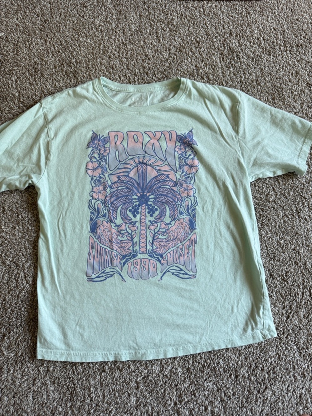 Roxy Mint Graphic Palm Tree Tee with Pink & Blue Design